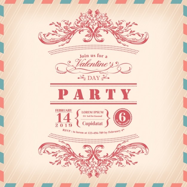 Gratis vector valentijn dagkaart party uitnodiging met vintage frame en luchtpost grens