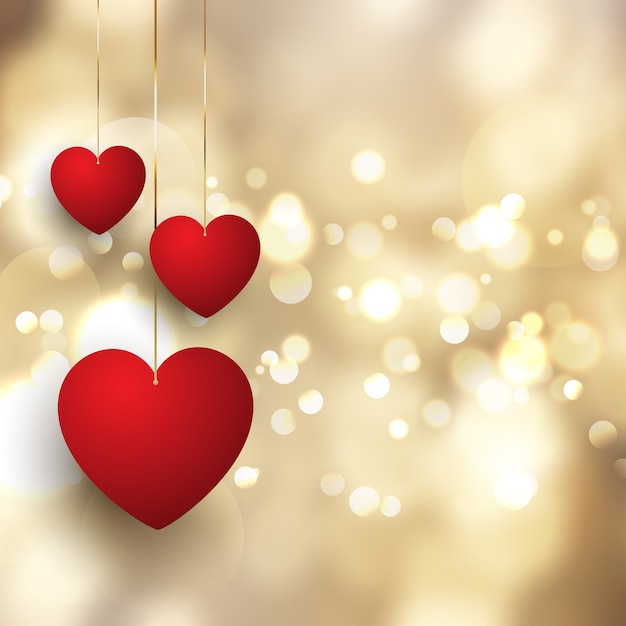 Gratis vector valentijnsdag achtergrond met hangende harten op bokeh lichten ontwerp