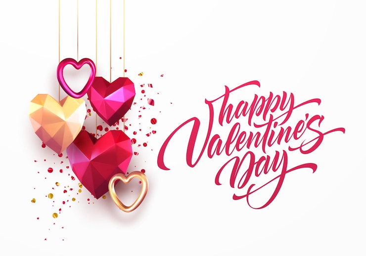 Gratis Vector valentijnsdag feestelijke achtergrond met realistisch metallic goud en rood robijn laag poly hart. belettering merry valentine-dag. vector illustratie eps10