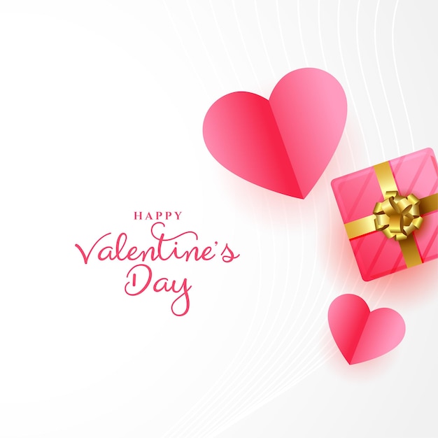 Gratis vector valentijnsdag mooie kaart met schattige papieren hartjes en geschenkdoos
