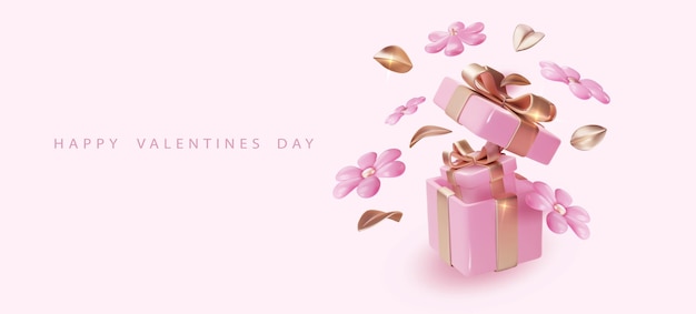 Valentijnsdag ontwerpsjabloon ongeveer 14 februari realistische roze bloem en dozen romantische achtergrond