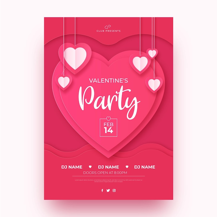 Gratis Vector valentijnsdag partij poster sjabloon in papieren stijl
