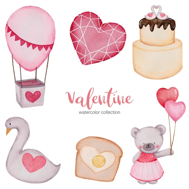 Valentijnsdag set elementen luchtballon, cake, teddy en meer.