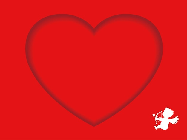 Gratis vector valentijnsdag vector kaartsjabloon met een rode hartvormige tekstruimte en een witte cupido.