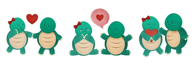 Valentijnsdag vectorillustratie drie schattige paar schildpadden op witte achtergrond met veel harten voor grafisch ontwerper artwork kaart brochure maken voor verschillende uitnodigingen of groeten