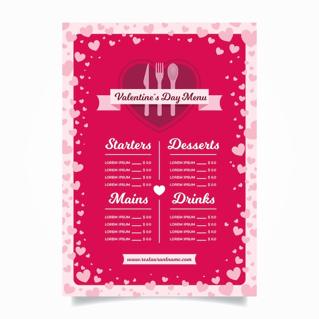 Gratis vector valentijnsdagmenu in vlakke stijl