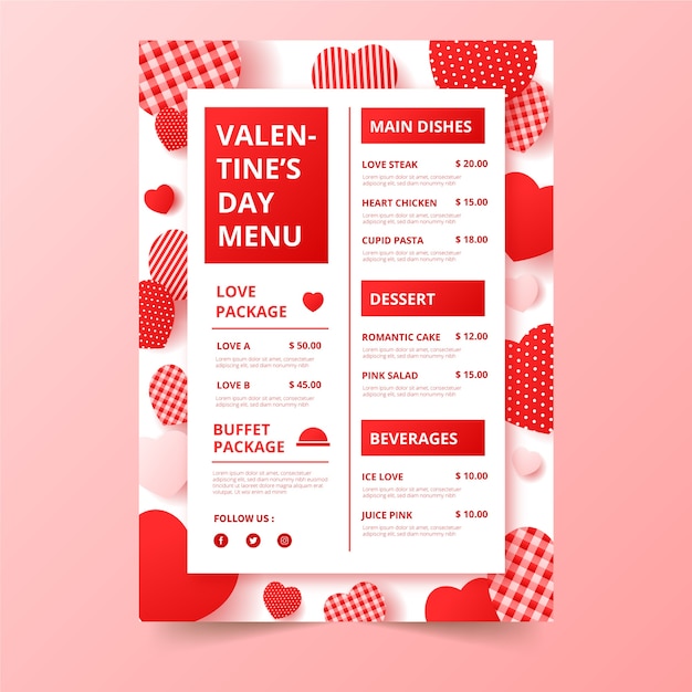 Valentijnsdagmenu met verschillende hartontwerpen