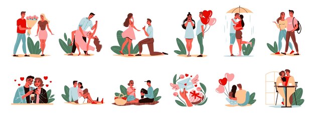 Valentine dag liefde icon set van geïsoleerde menselijke karakters van paren met bloemen ballonnen geschenken vector illustratie