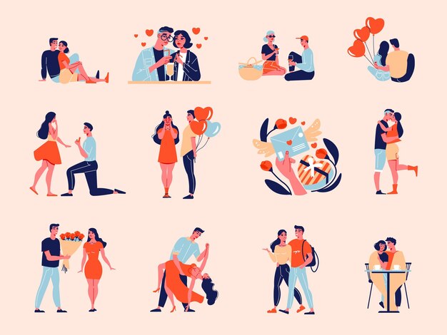 Valentine dag liefde kleur set met geïsoleerde pictogrammen menselijke karakters van verliefde paar in verschillende situaties vectorillustratie