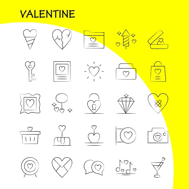 Valentine handgetekend icon pack voor ontwerpers en ontwikkelaars iconen van mand winkelwagen romantisch valentijn camerabeeld romantisch valentijn vector