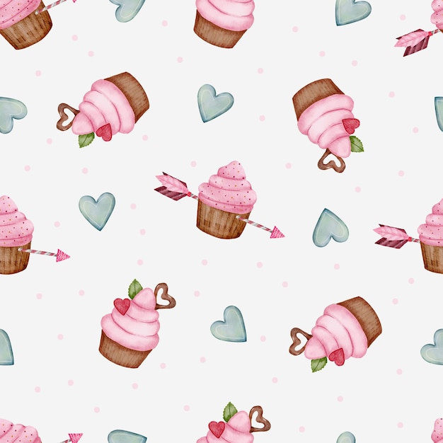 Valentine naadloze patroon met hart, pijl en cupcakes.