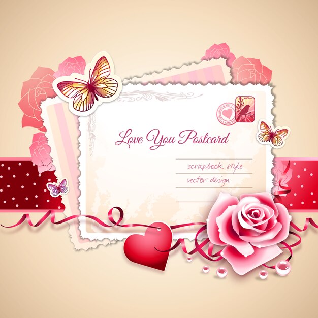 Valentine&#39;s Day Plakboek Style Postcard Vector Illustration