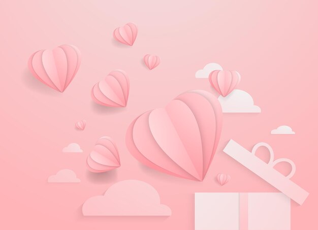 Valentines harten met geschenkdoos briefkaart papier vliegende elementen op roze achtergrond vector symbolen van ...