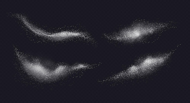 Vallende suiker zout wit stof set van geïsoleerde realistische beelden van wit poeder met gedetailleerde deeltjes vectorillustratie