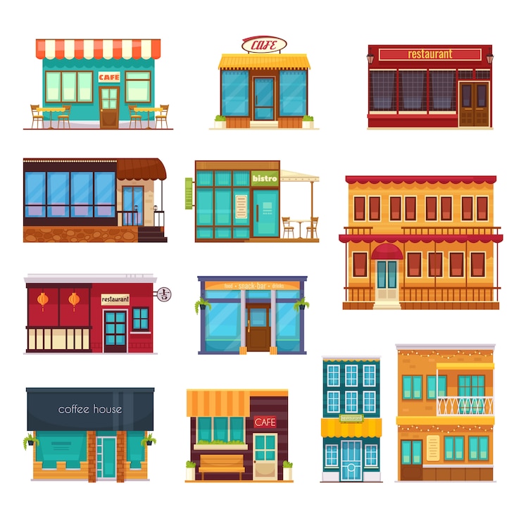 Gratis Vector van de de snackbar van de straatmening voorstaaf van het de koffiehuis geplaatste restaurant van bistrorestaurant vlakke de pictogrammeninzameling