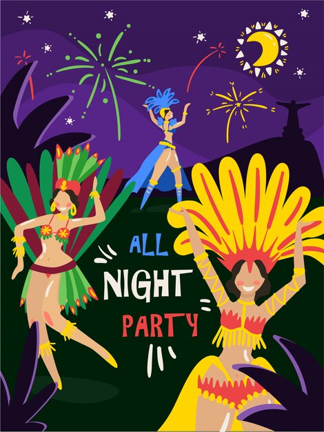Van de de vieringsnacht van Brazilië Carnaval jaarlijkse de partijuitnodiging met dansende vrouwen in kleurrijke de kostuums vectorillustratie van bikiniveren