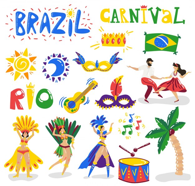 Van de vierings kleurrijke symbolen van Brazilië Carnaval de karaktersinzameling met de danserskostuums van muziekinstrumenten maskeren de vlag vectorillustratie van de zon