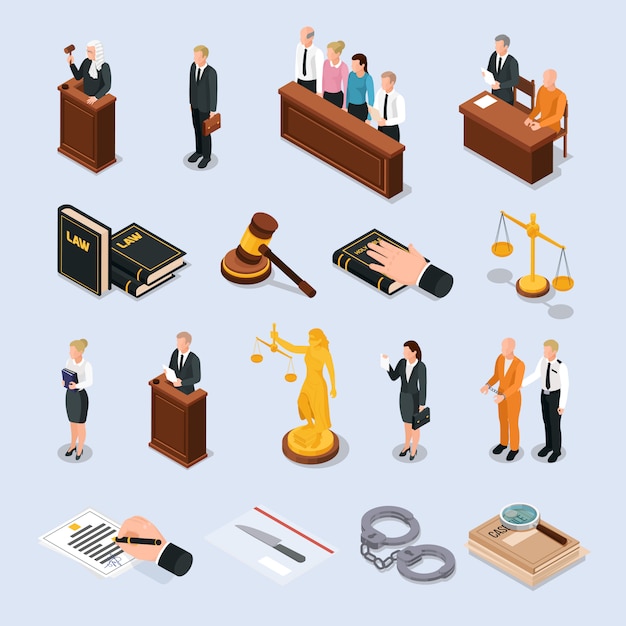 Van het hofkarakters van de wetrechtvaardigheid de toebehoren isometrische die pictogrammen met de hand van de veroordeelderechtersadvocaat worden geplaatst op bijbelillustratie