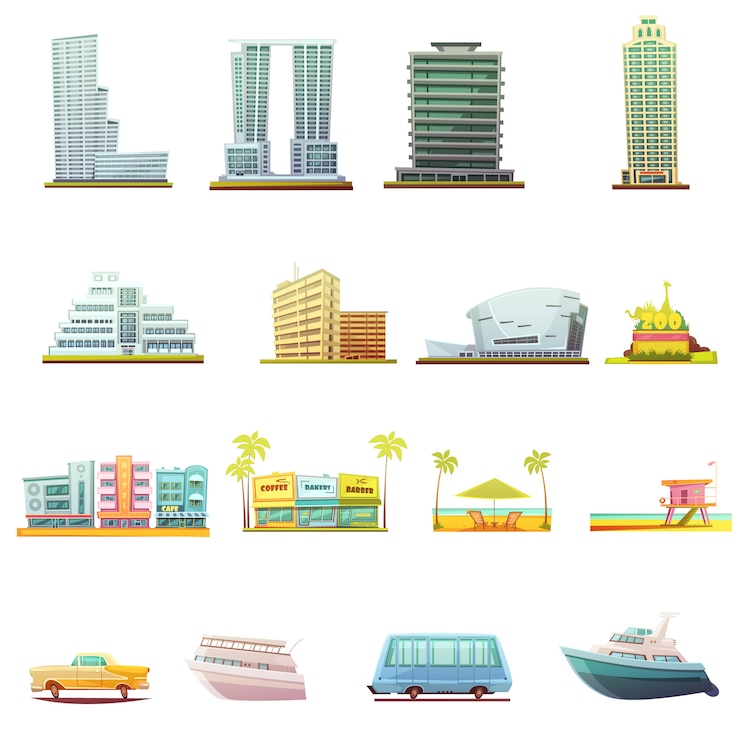 Gratis Vector van het strandgebouwen van miami van het de stadstoeristen de aantrekkelijkheden en het vervoer retro beeldverhaal