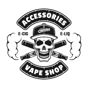 Vape winkel vector monochroom embleem, badge, label of logo met schedel in dop en elektronische sigaretten geïsoleerd op een witte achtergrond
