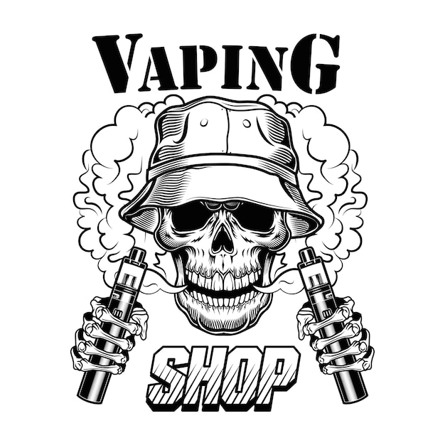 Gratis vector vape winkel vectorillustratie. trendy hipster vaper-schedel met elektronische sigaretten en damp