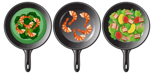 Gratis vector variety of dishes in frying pans