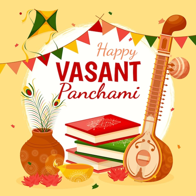 Gratis vector vasant panchami muziekinstrument en boeken