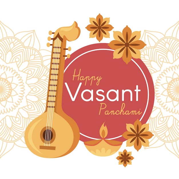 Gratis vector vasant panchami muziekinstrument en herfstbloemen