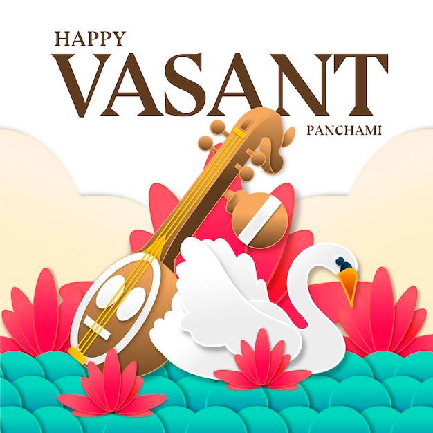 Gratis vector vasant panchami muziekinstrument en zwaan