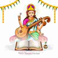 Gratis vector vasant panchami op de indiase god saraswati maa religieuze kaart achtergrond