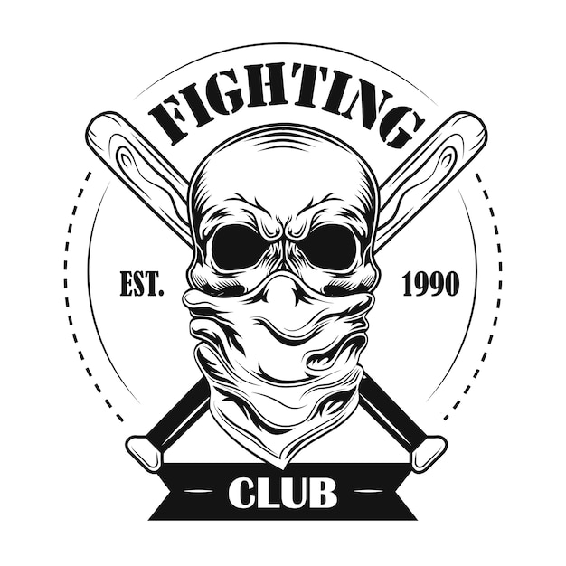 Vechten club lid vectorillustratie. Schedel in bandana, gekruiste honkbalknuppels en tekst