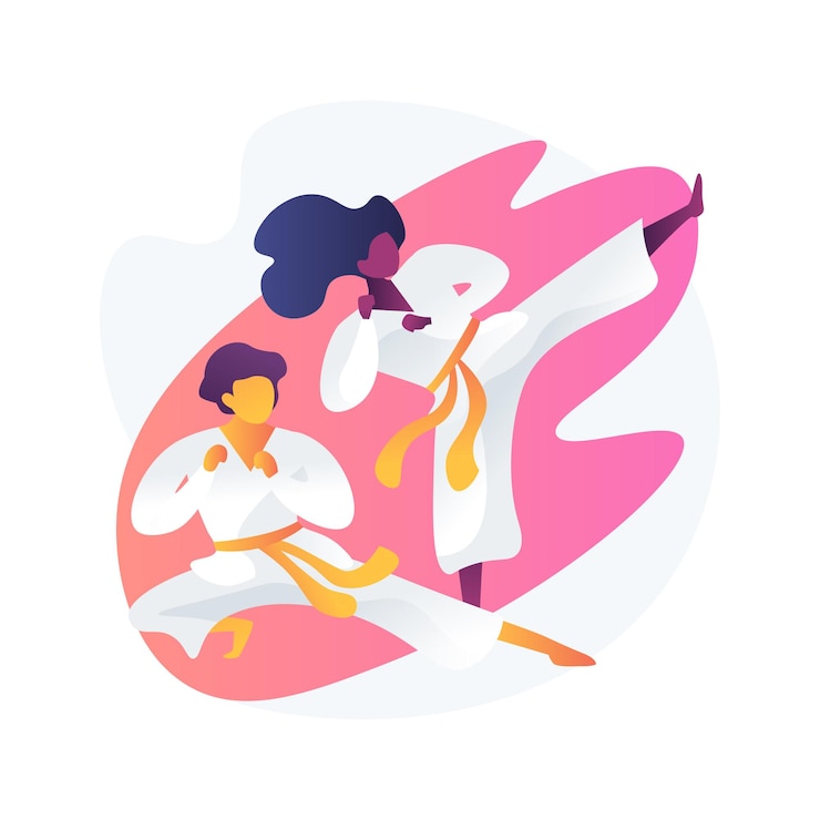Gratis Vector vechtsportschool. karate trap en houding. kungfu-training. taekwondo-praktijk, jiu jitsu-atleten, judoklas. vechters in kimono's. fysieke activiteit.