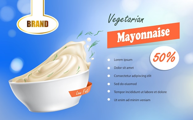 Vector 3D illustratie, realistische poster met een kom gevuld met mayonaise