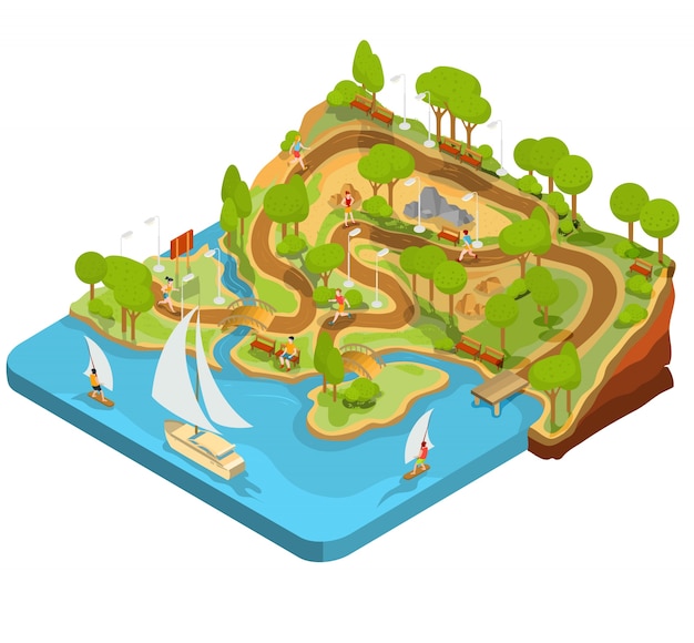 Gratis vector vector 3d isometrische illustratie van dwarsdoorsnede van een landschapspark met een rivier, bruggen, banken en lantaarns.