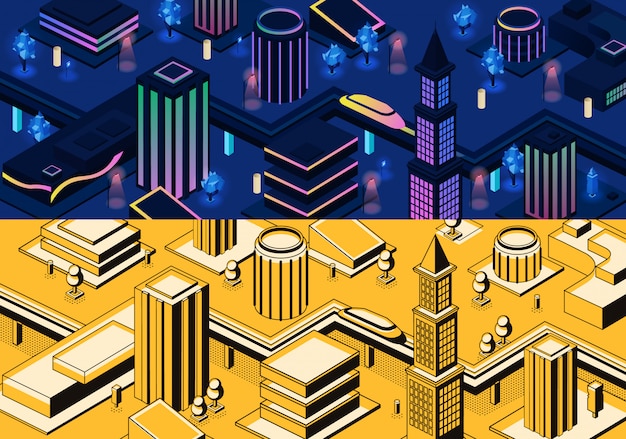 Vector 3d isometrische moderne stad - metropool in blauwe en gele kleuren of stad in de stijl van de lijnkunst