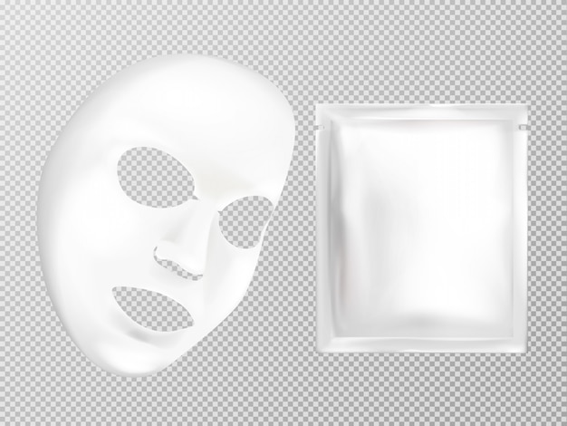 Vector 3d realistisch wit blad gezichts kosmetisch masker en zakje