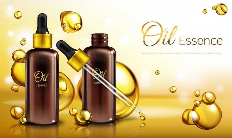 Gratis Vector vector 3d realistische advertentieaffiche, promobanner met olieessence in bruine glasflessen met een pipet.