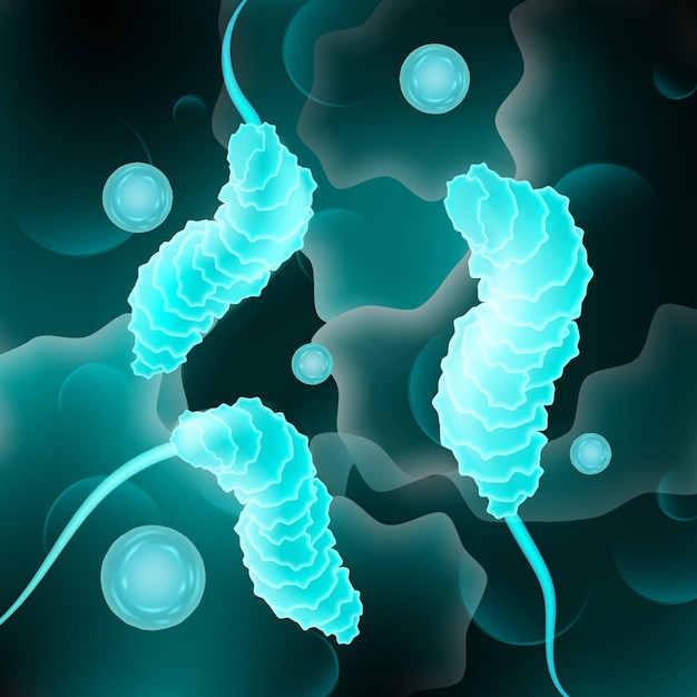 Gratis vector vector abstracte bol blauwe kokken, spirilla bacteriën cellen concept