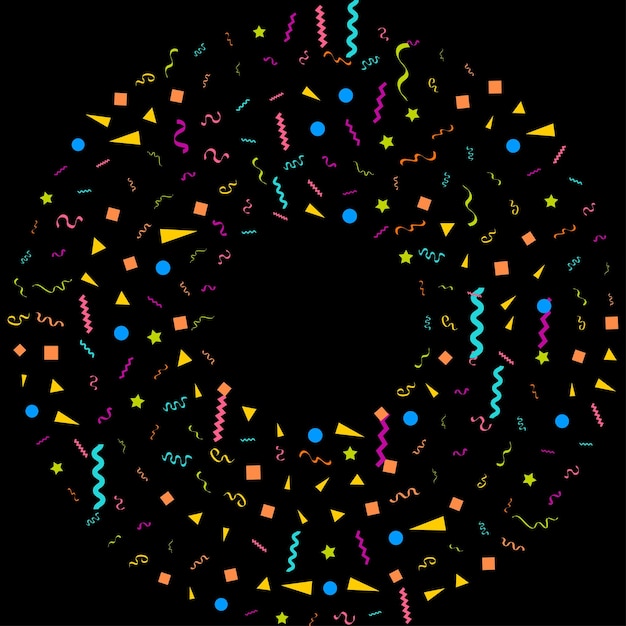 Vector abstracte zwarte achtergrond met veel vallende kleine kleurrijke confetti stukken en lint carnaval kerstmis of nieuwjaar decoratie kleurrijke partij wimpels voor verjaardag festival