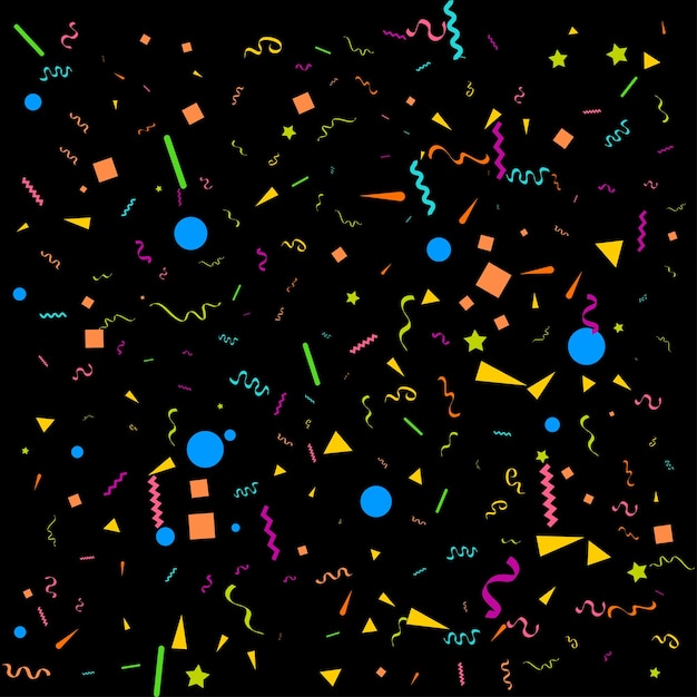 Gratis vector vector abstracte zwarte achtergrond met veel vallende kleine kleurrijke confetti stukken en lint carnaval kerstmis of nieuwjaar decoratie kleurrijke partij wimpels voor verjaardag festival