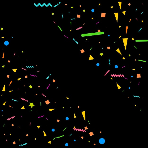 Gratis vector vector abstracte zwarte achtergrond met veel vallende kleine kleurrijke confetti stukken en lint carnaval kerstmis of nieuwjaar decoratie kleurrijke partij wimpels voor verjaardag festival