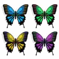 Gratis vector vector blauwe, groene, paarse en gele vlinders op wit