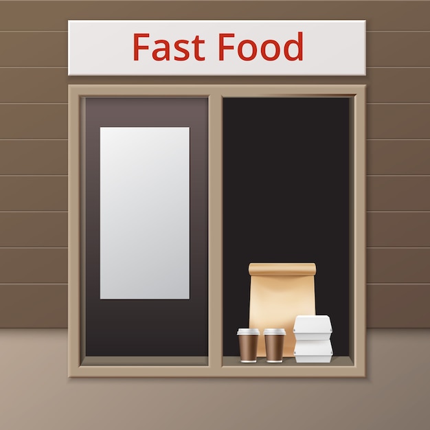 Gratis vector vector cafe afhaalvenster met handvat lunchzak kartonnen hamburger klassieke hamburger containers en bruine papieren kartonnen bekers voor koffie