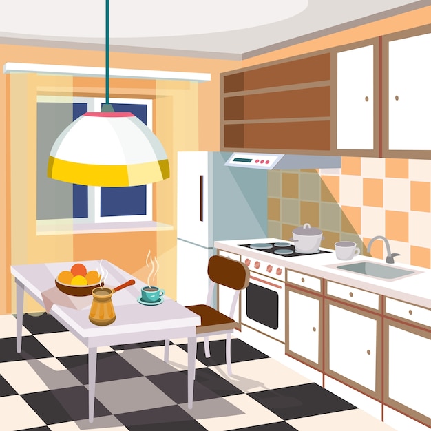 Gratis vector vector cartoon illustratie van een keuken interieur