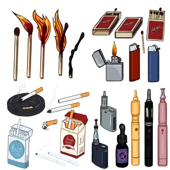 Vector cartoon set van roken en vapen items. sigaretten, lucifers, aanstekers en vapen.