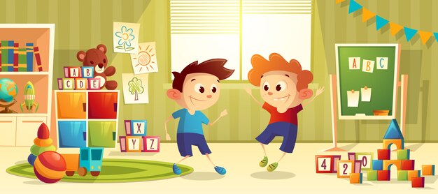 Vector cartoon voorschoolse kleuterschool met jongens