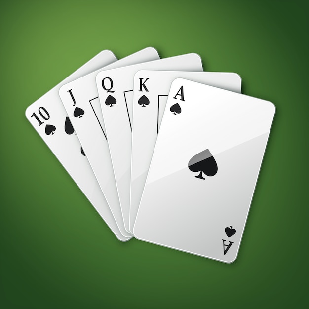 Gratis vector vector casino speelkaarten of royal straight flush bovenaanzicht geïsoleerd op groene pokertafel