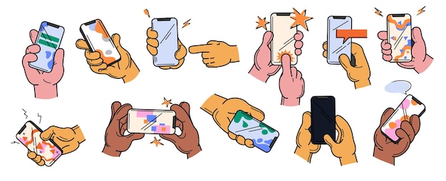 Gratis vector vector doodle set van menselijke hand met telefoon geïsoleerd op witte achtergrond persoon met smartphone