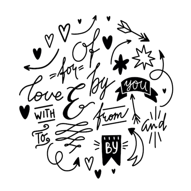 Vector doodles set decoratieve elementen en woorden