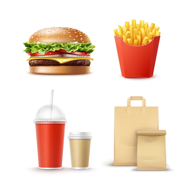 Gratis vector vector fast food set realistische hamburger klassieke hamburger aardappelen frieten in rode pakketdoos lege kartonnen bekers voor koffie frisdranken met stro en ambachtelijk papier afhaalhandvat lunchzakken.
